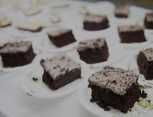Plates of chocolate cake at the dining center